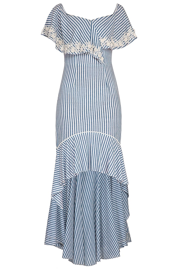 Blue Hand Embroidered Striped Dress by Namrata Joshipura